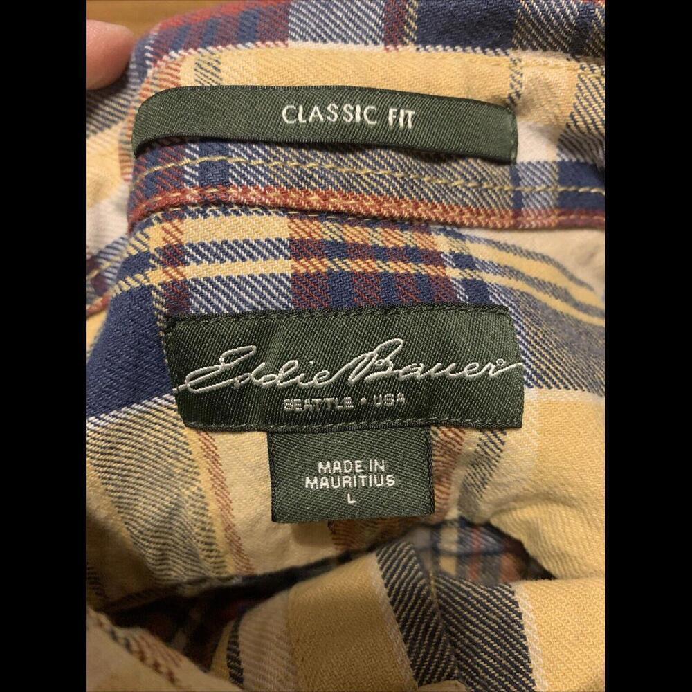 Eddie Bauer Shirt Mens Large Yellow Blue Plaid Long Sleeve Flannel Button Up - Picture 2 of 7